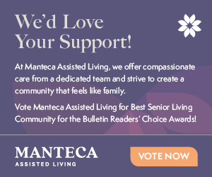 Purple banner ad urging support for Manteca Assisted Living, with a 'Vote Now' button and flower logo.
