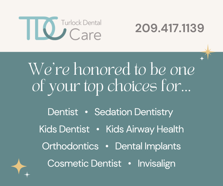 Turlock Dental Care banner with phone number 209.417.1139 and a list of services: Dentist, Sedation Dentistry, Kids Dentist, Kids Airway Health, Orthodontics, Dental Implants, Cosmetic Dentist, Invisalign.
