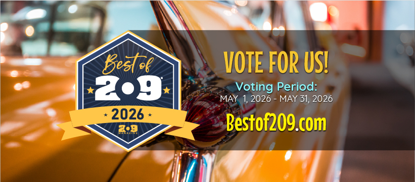 Promotional banner inviting voting for Best of 209 2026, with dates and Bestof209.com, over a car-themed background.