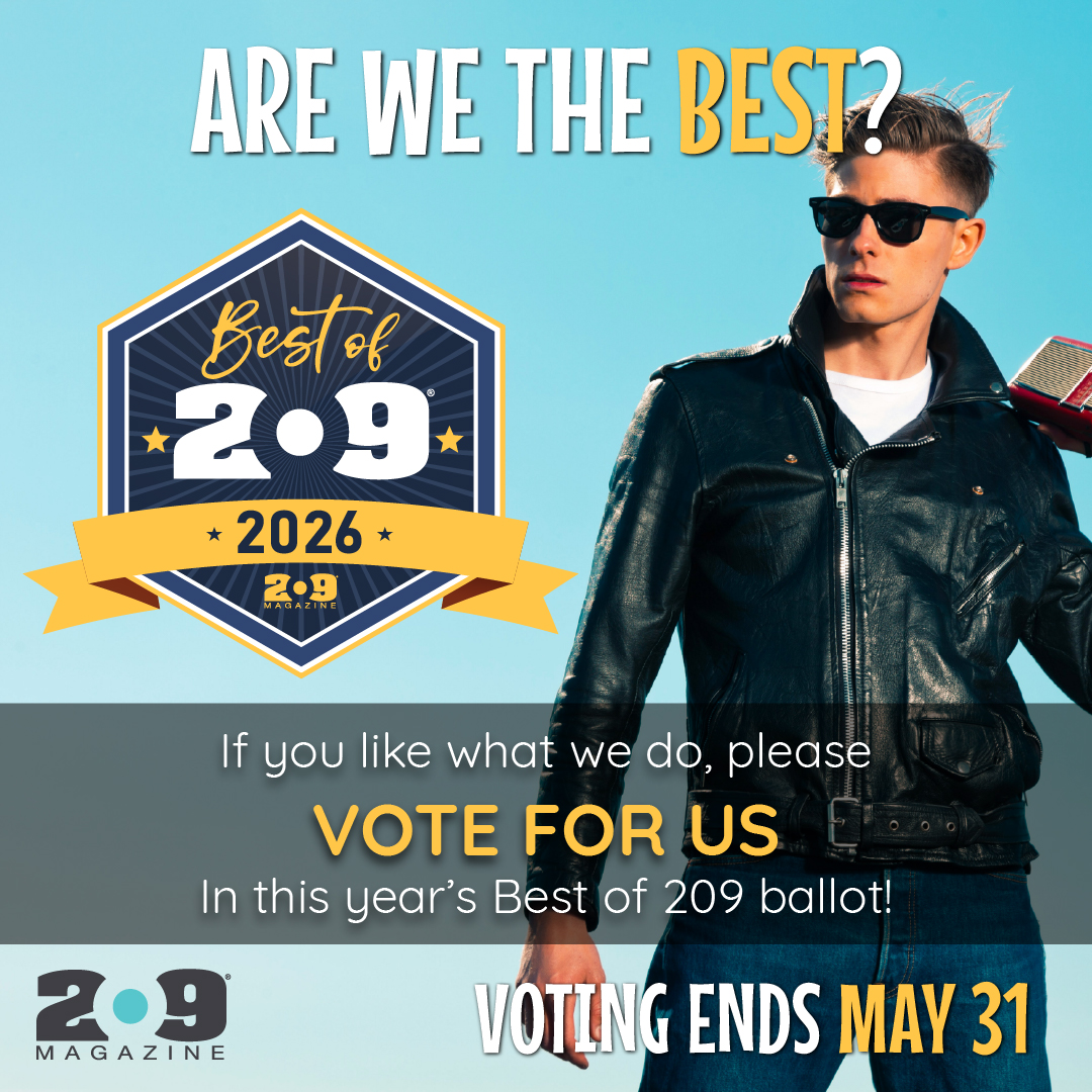 Promotional poster urging voting for 2026 Best of 209, featuring a man in a leather jacket beside a blue "Best of 209" badge and call to vote before May 31.