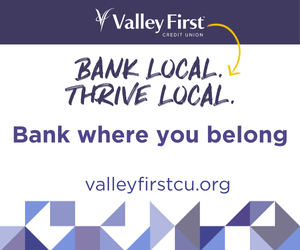 Valley First Credit Union banner with slogan 'Bank Local. Thrive Local.' and 'Bank where you belong' plus valleyfirstcu.org; decorative blue‑purple geometric pattern at bottom.
