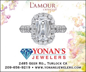 Diamond ring ad: emerald-cut style diamond with pave band, for L'Amour Crisscut by Yonan's Jewelers, against a floral backdrop; store info and website included.