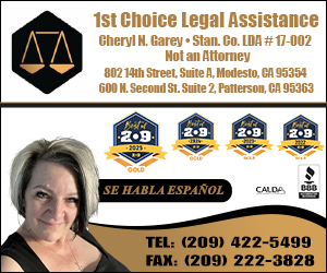 Business card for 1st Choice Legal Assistance featuring Cheryl N. Garey (Not an Attorney), address, phone, fax, a photo of a smiling woman, and a Spanish-speaking note.