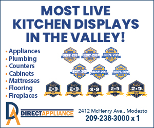Advertisement for Direct Appliance: 'Most Live Kitchen Displays in the Valley' with list of product categories (appliances, plumbing, counters, cabinets, mattresses, flooring, fireplaces) and contact info: 2412 McHenry Ave, Modesto; 209-238-3000 x1.