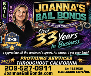 Banner ad for JoAnna's Bail Bonds with a smiling woman, bold text 'Over 33 Years in Business', service area California, phone 209-527-0911, and JoannasBailBonds.com.