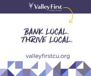 Valley First Credit Union banner with logo at top, the slogan 'BANK LOCAL. THRIVE LOCAL.', the site valleyfirstcu.org, and a blue-purple geometric pattern.