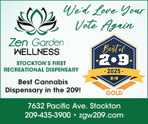 Promotional banner for Zen Garden Wellness in Stockton, highlighting Stockton's first recreational cannabis dispensary, with contact info and a 2025 Best of Gold badge.